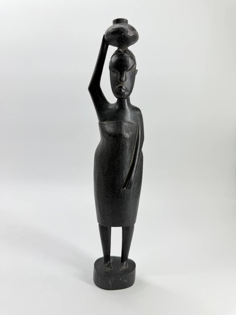 Hand Carved African Woman Wood Sculpture Figurine Carrying Pot Tribal Decor